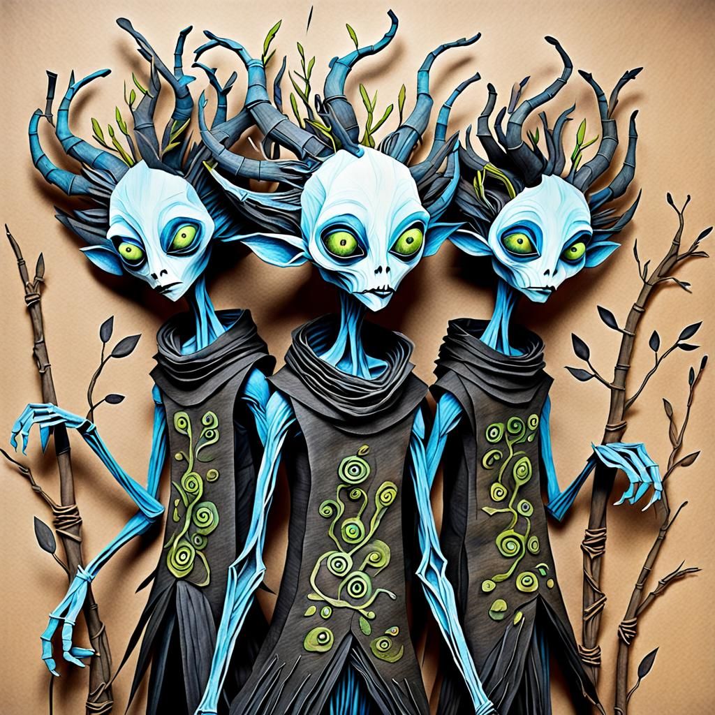 ethereal, mixed media textured painting of a sassy and surreal misfit alien creatures made of paper cloth twigs, in the ...