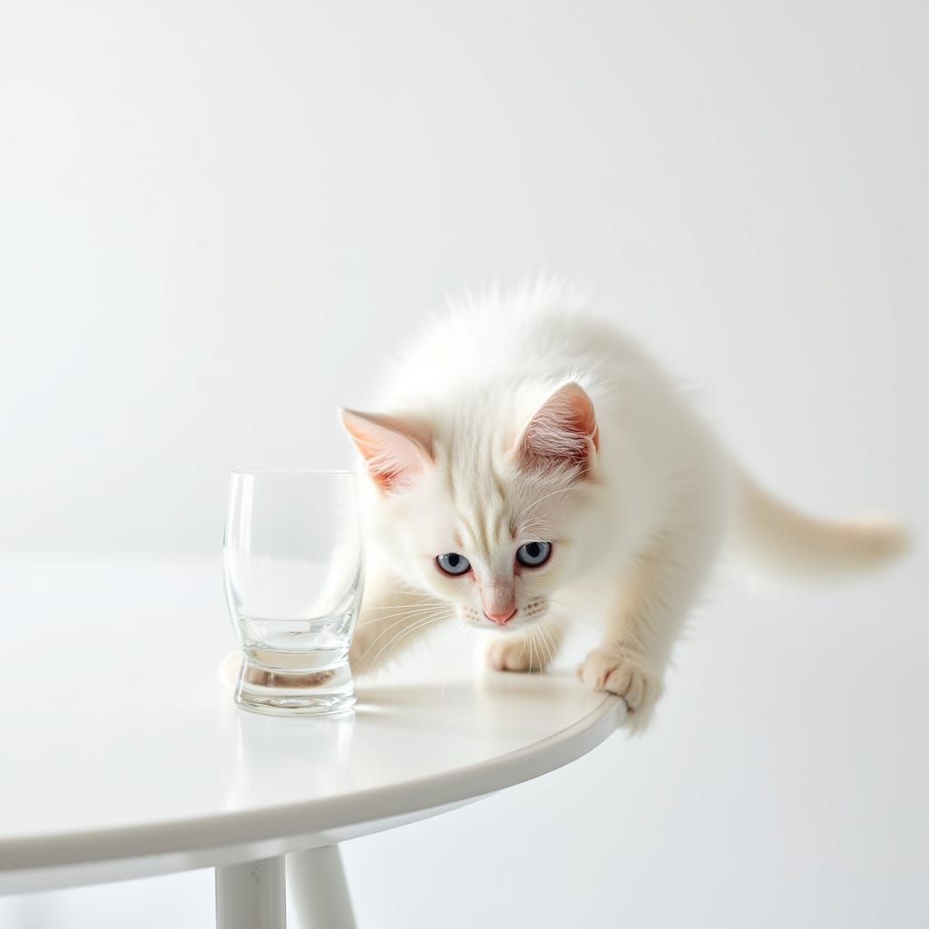 Curious White Cat Pushes Glass Off Table