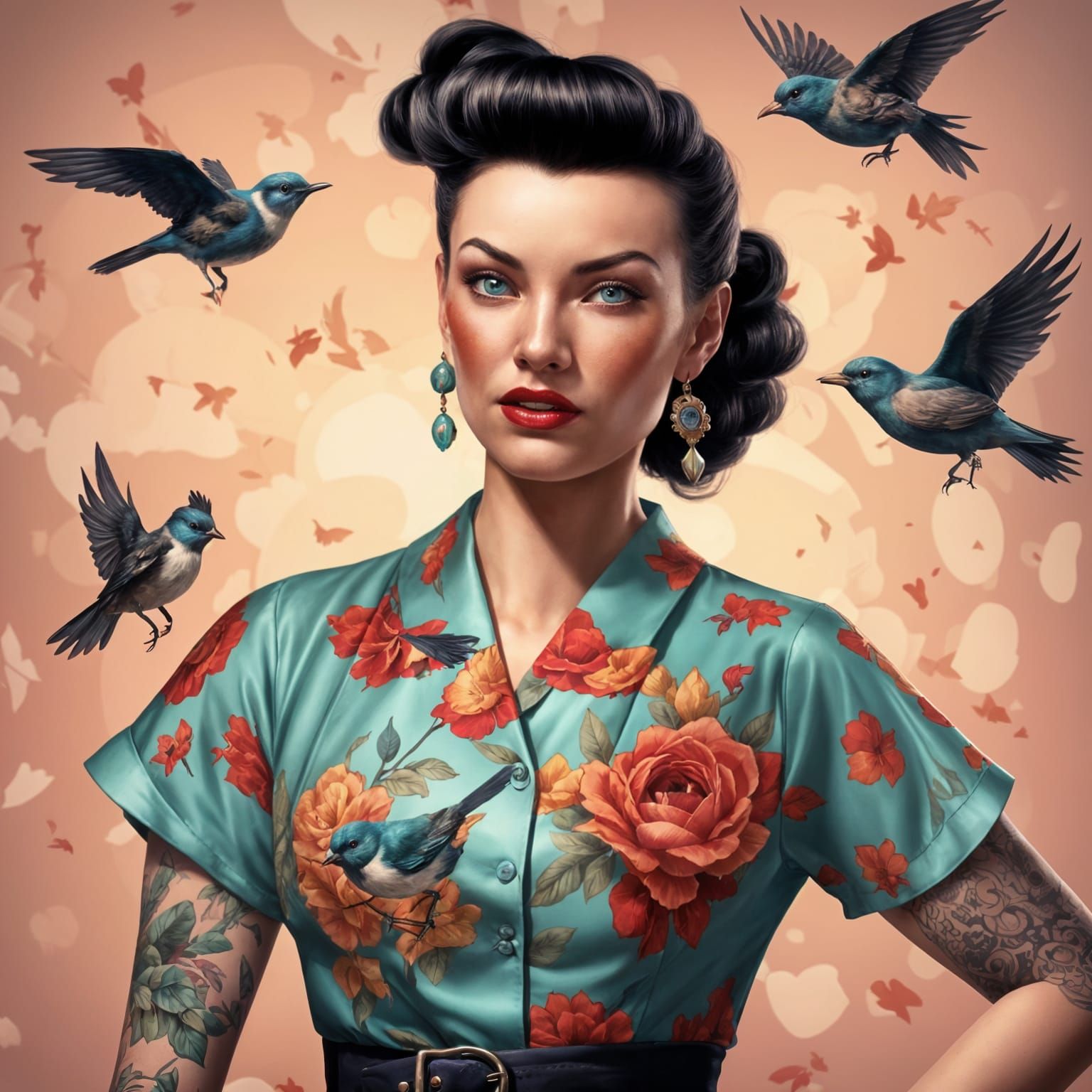 Vintage Rockabilly Woman with Intricate Bird Tattoos