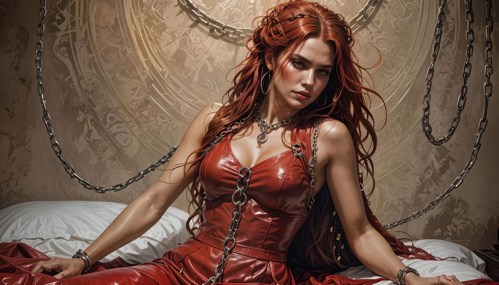 beautiful dominant woman in red leather  dress whip and chai...