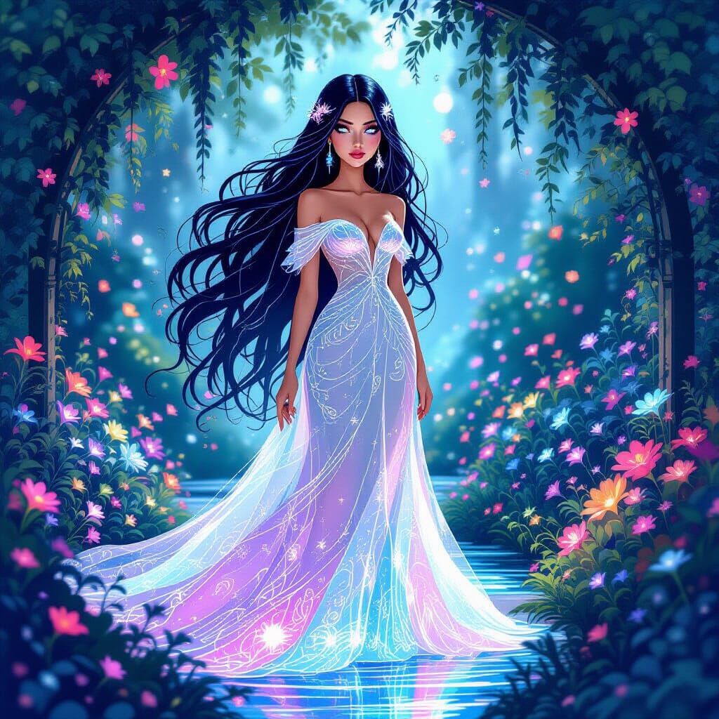 Ethereal Woman in Bioluminescent Garden, Art Nouveau Style