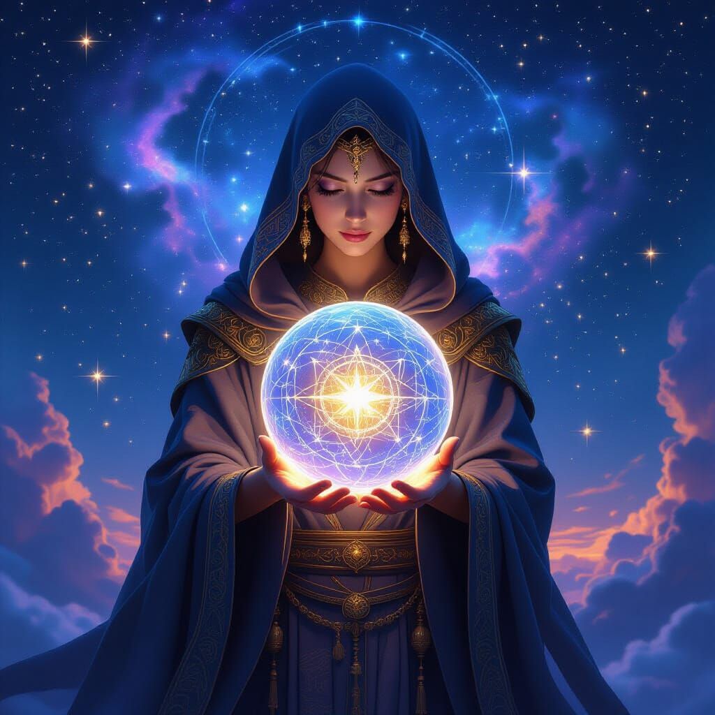 Mystical Oracle with Zodiac Sphere and Galaxy