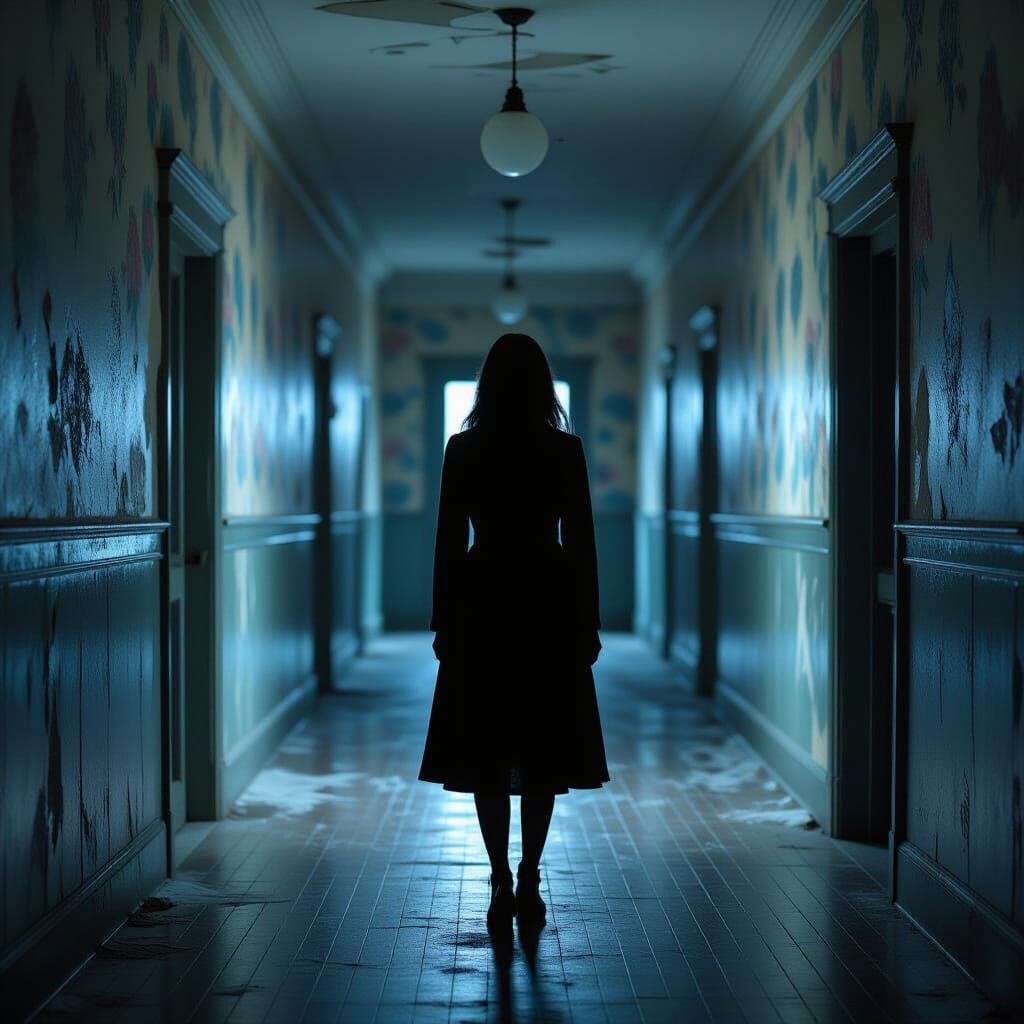 Solitary Woman in Dim, Forgotten School Hallway