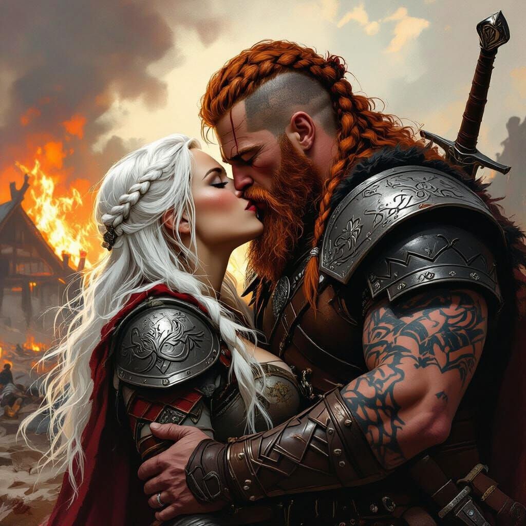Viking Warrior Embraces Shield Maiden Amidst Burning Village
