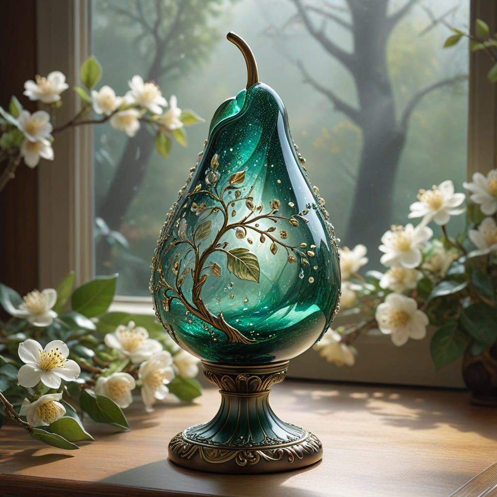 Ethereal Glass Pear with Golden Swirls and Blossoms