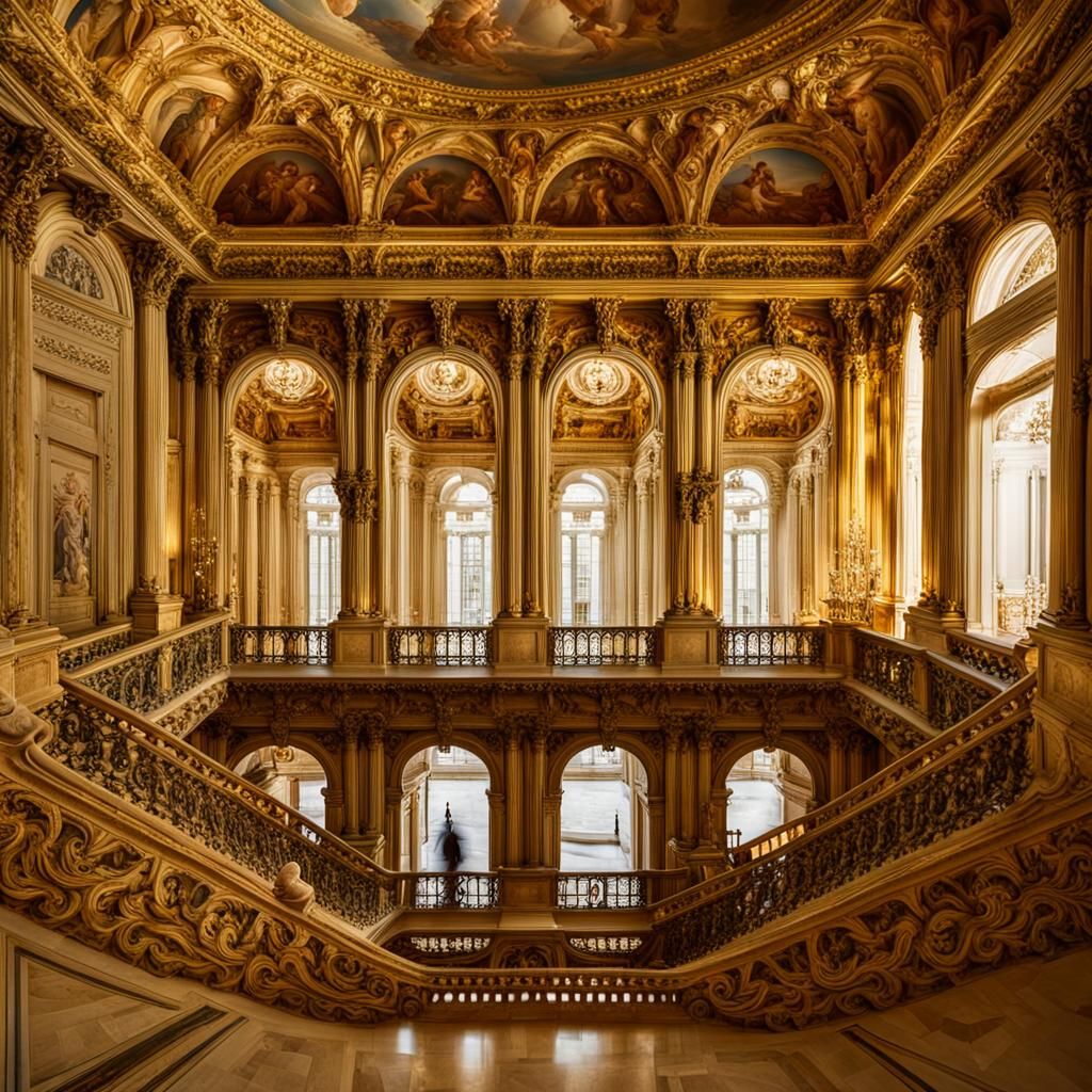 Ornate Baroque Palace Interior with Grand Staircase