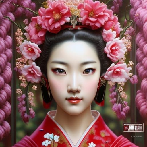 Japanese Woman in Kimono with Cherry Blossoms, Fantasy Art