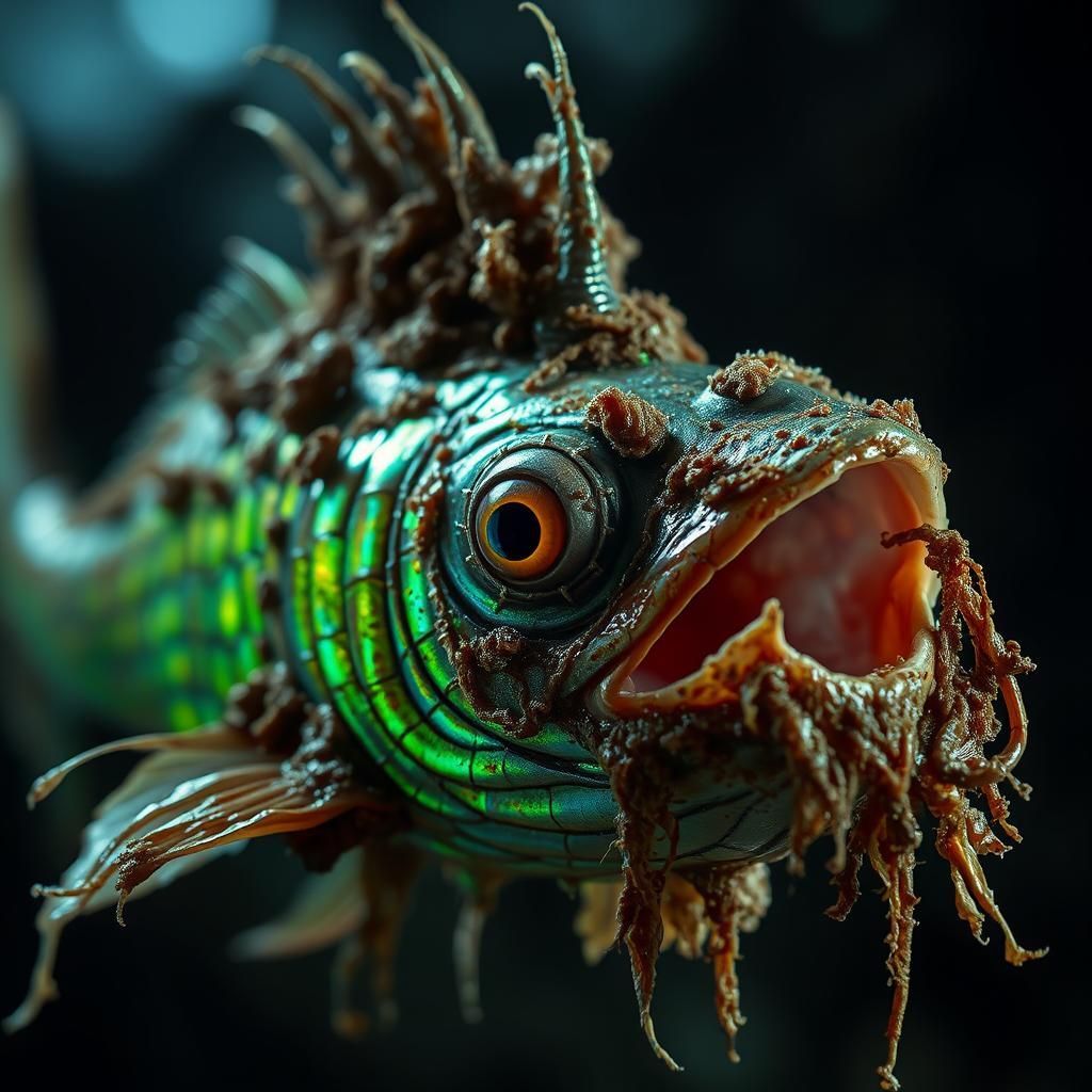 Nightmarish Punk-Rock Fish Creature in High-Contrast Photogr...