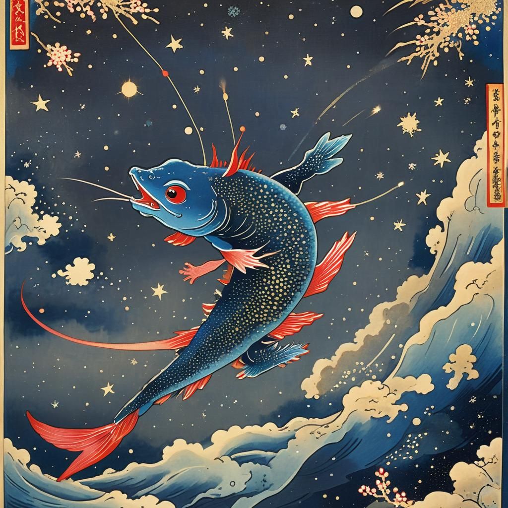 Axolotl Rides a Comet: Ukiyo-e Woodblock Print