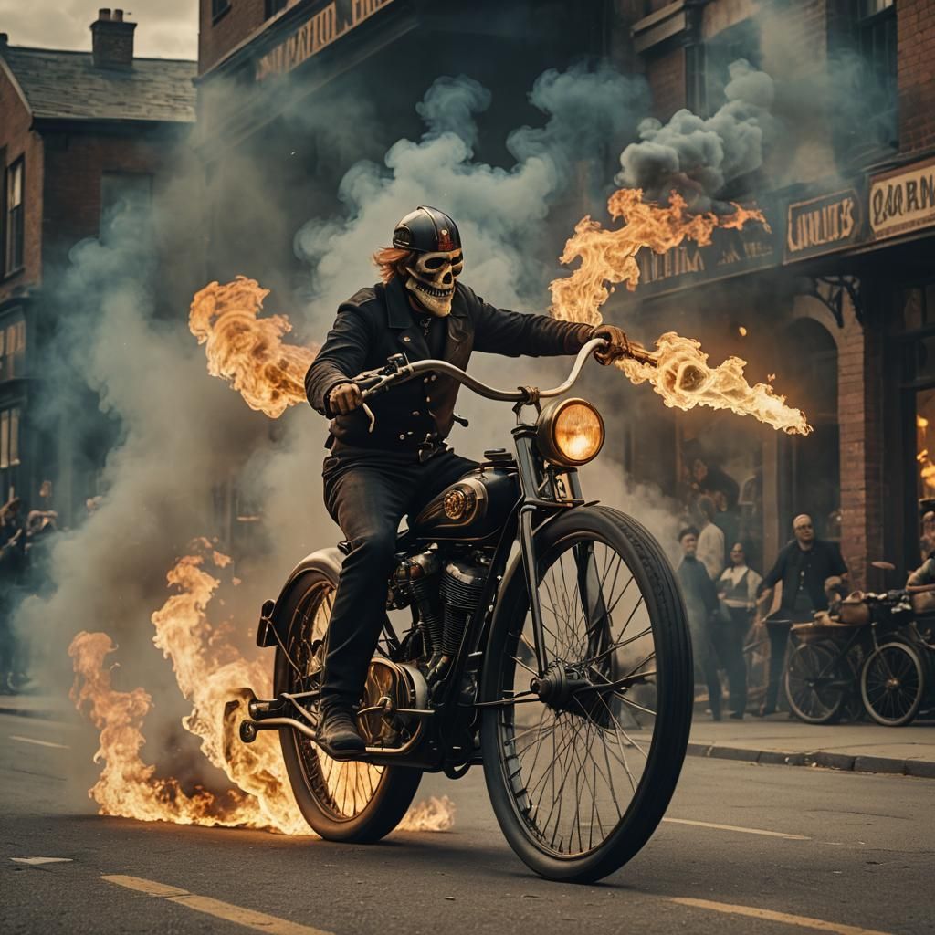 Ghost Rider on Burning Pennyfarthing Motorcycle