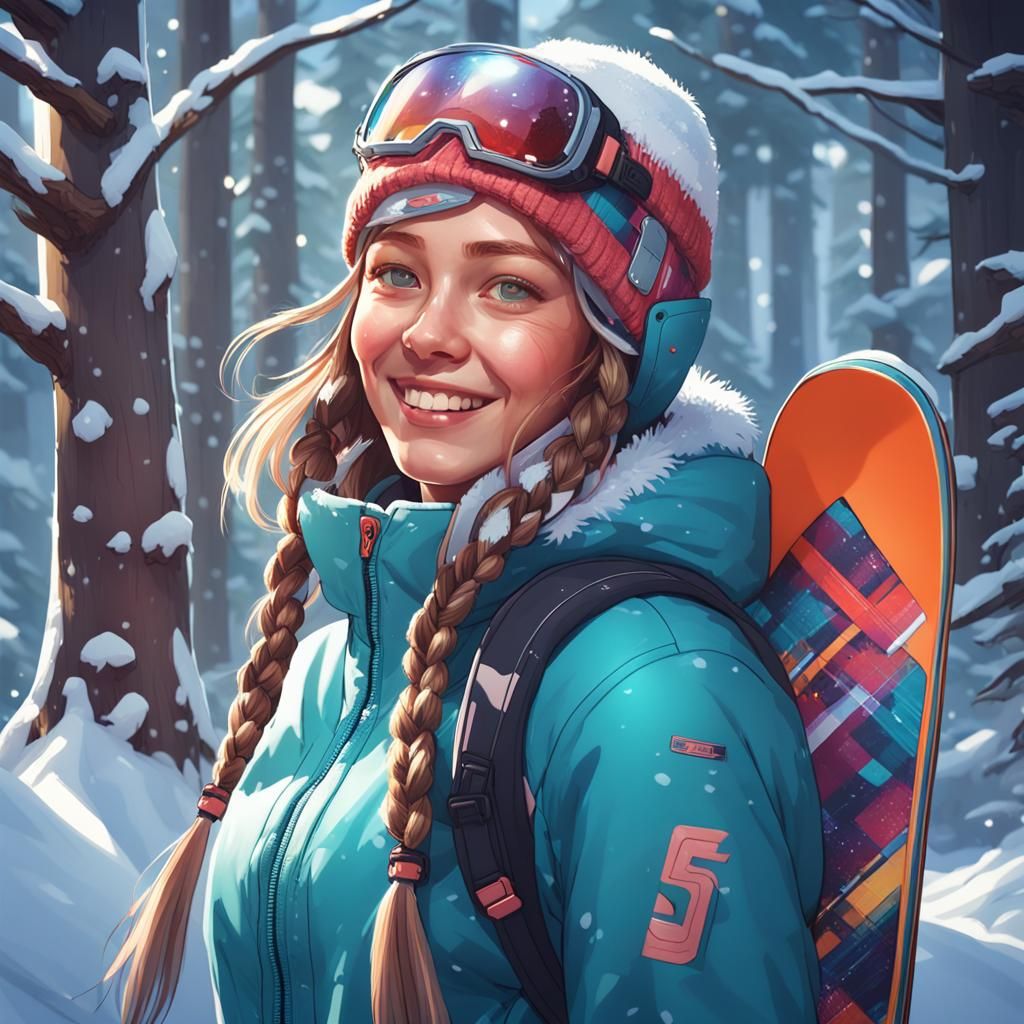 Smiling Snowboarder Portrait in Snowy Forest