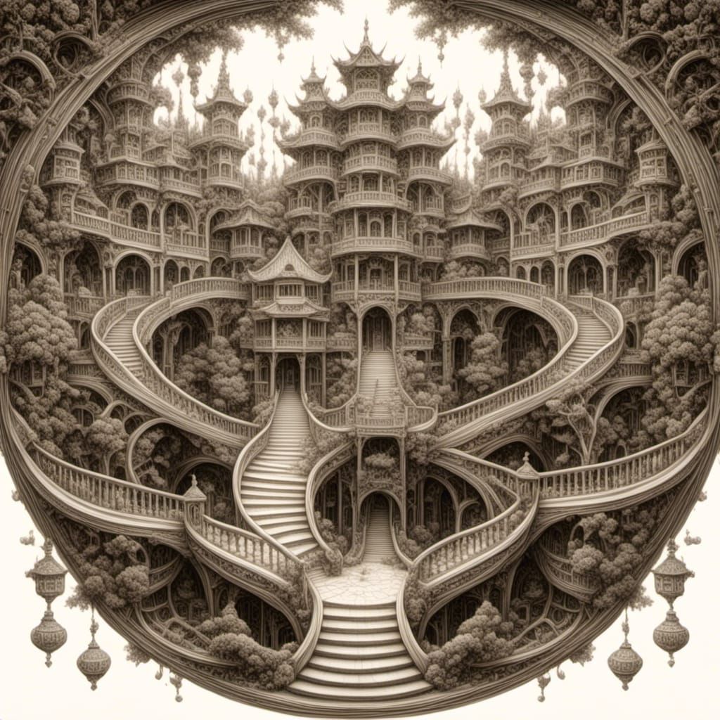 Escher-inspired Fractal Pencil Drawing of Chinese Architectu...