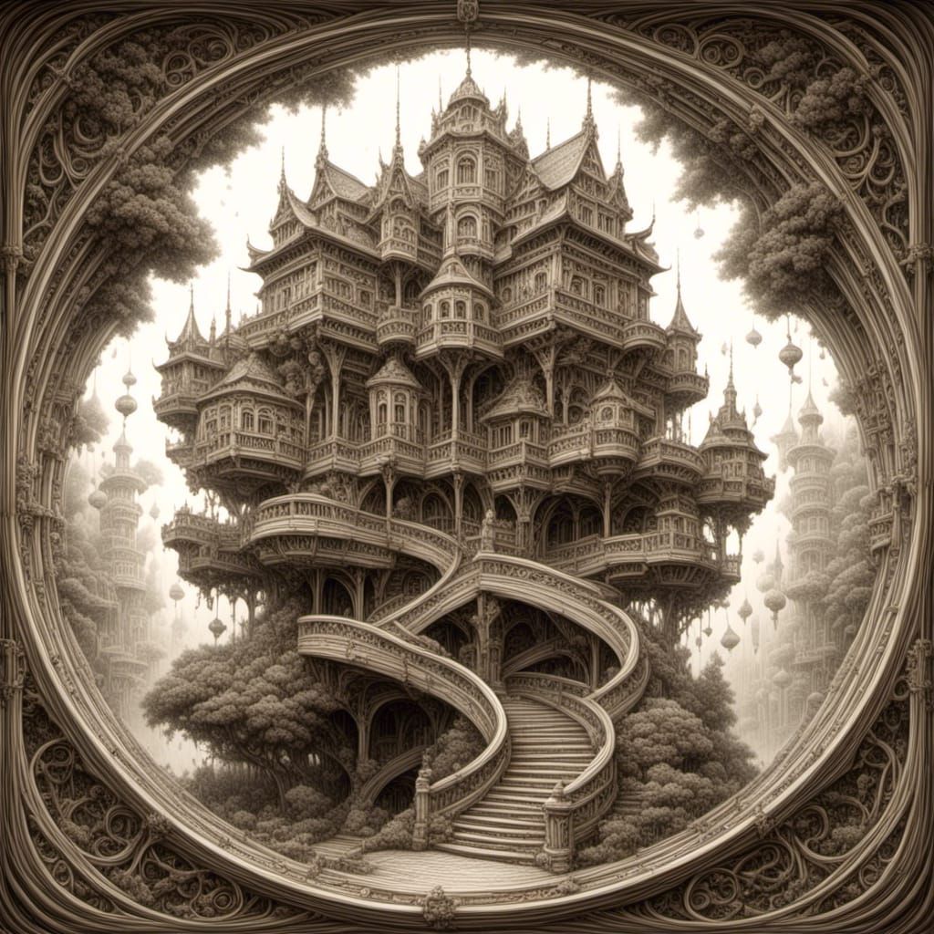 Escher-Inspired Fractal Architecture in Pencil Drawing