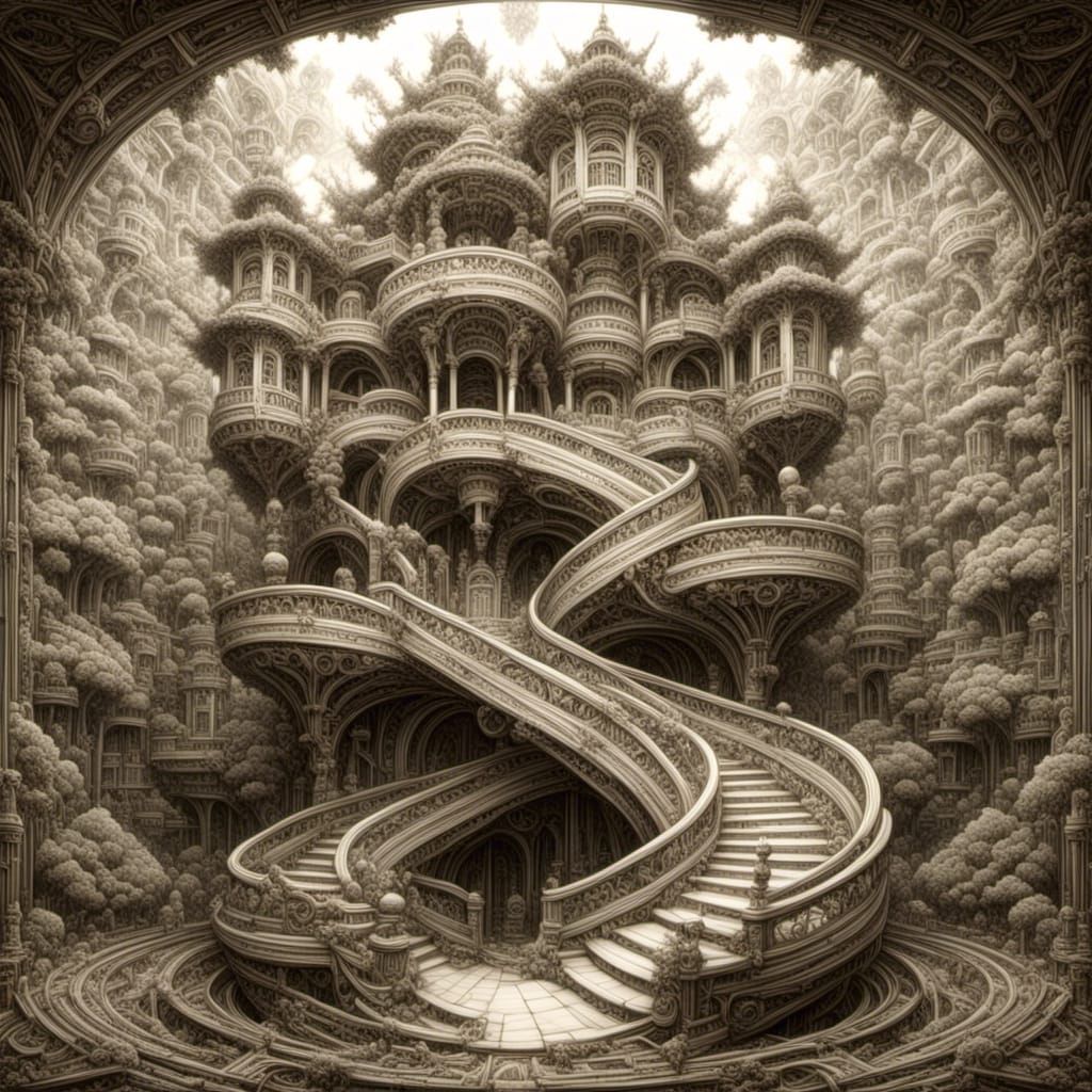 Escher-Inspired Fractal Architecture in Pencil Drawing Style