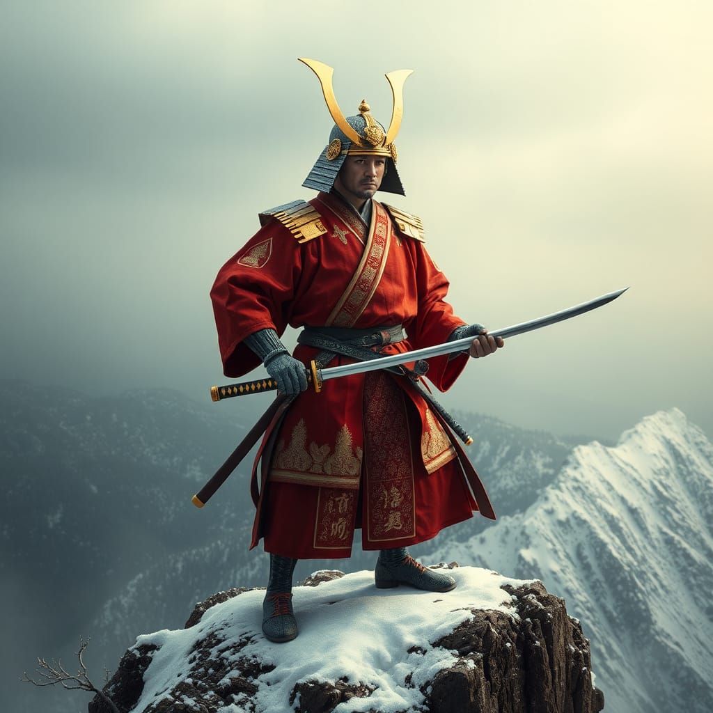 Samurai Warrior on Snowy Peak, Digital Art