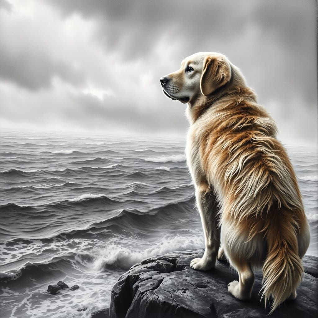 Golden Retriever on Windswept Cliff: Hyperrealistic Charcoal...