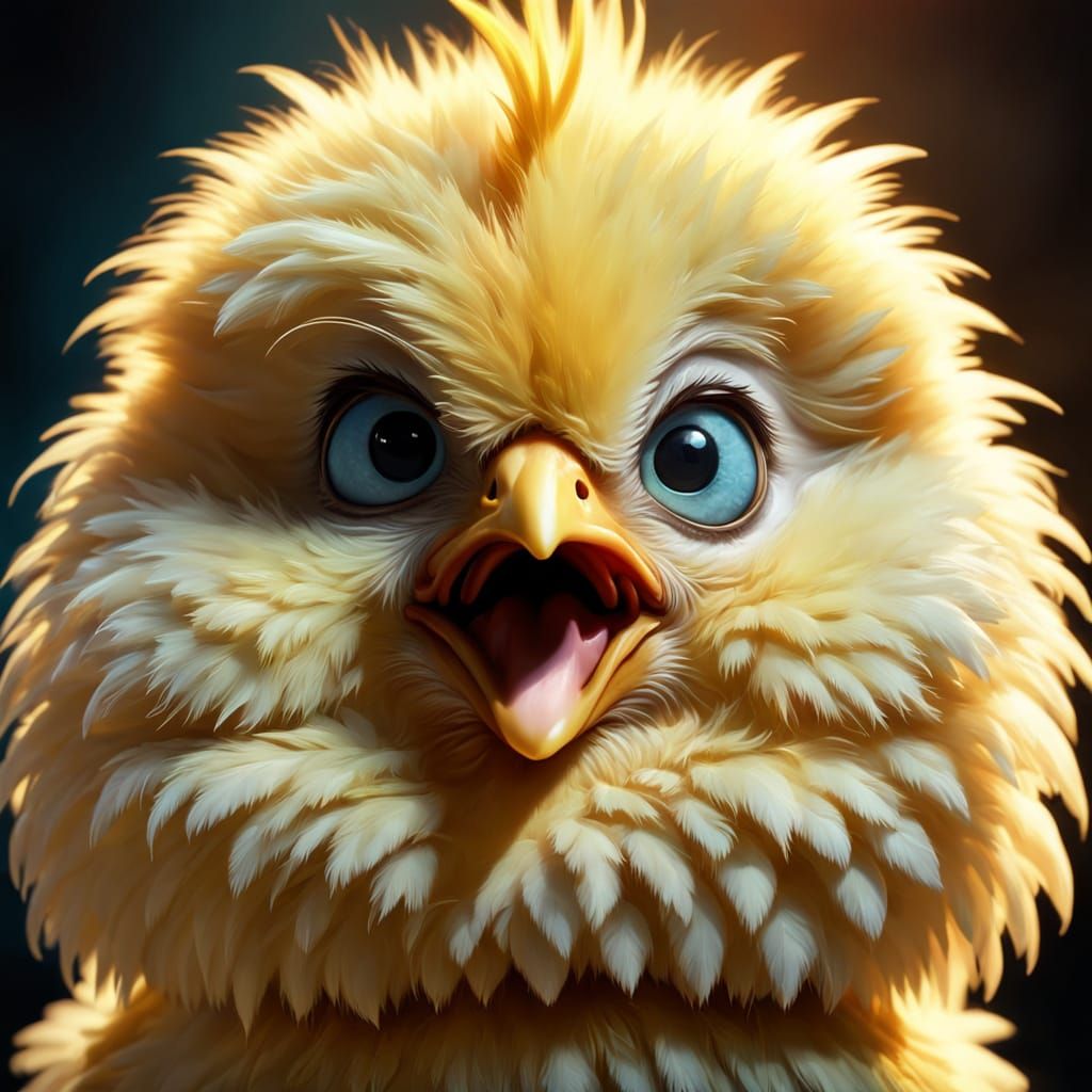 Angry Fluffy Chick Pouts in Pixar Style
