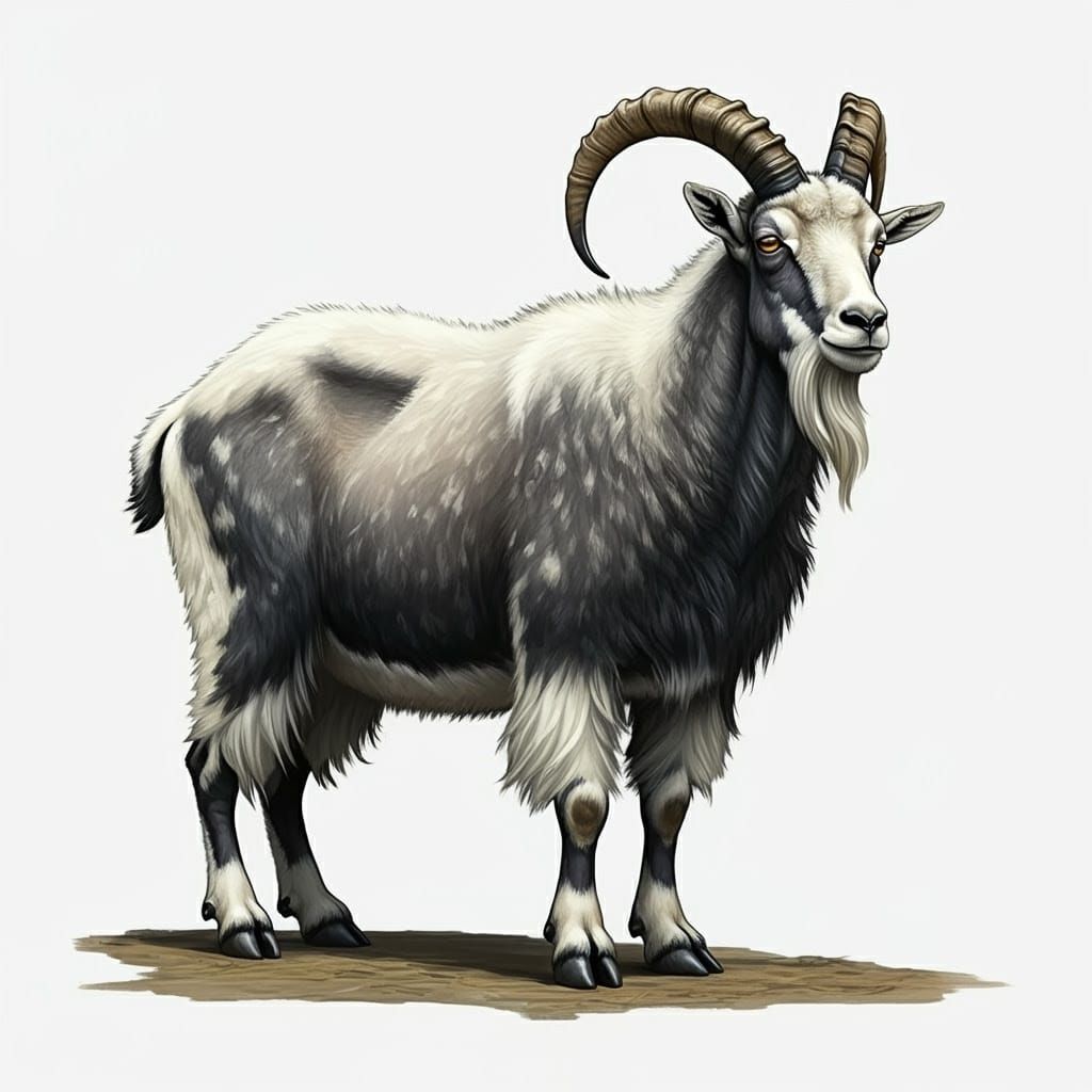 Miniature Mountain Goat in Charcoal Gray and Off-White Coat
