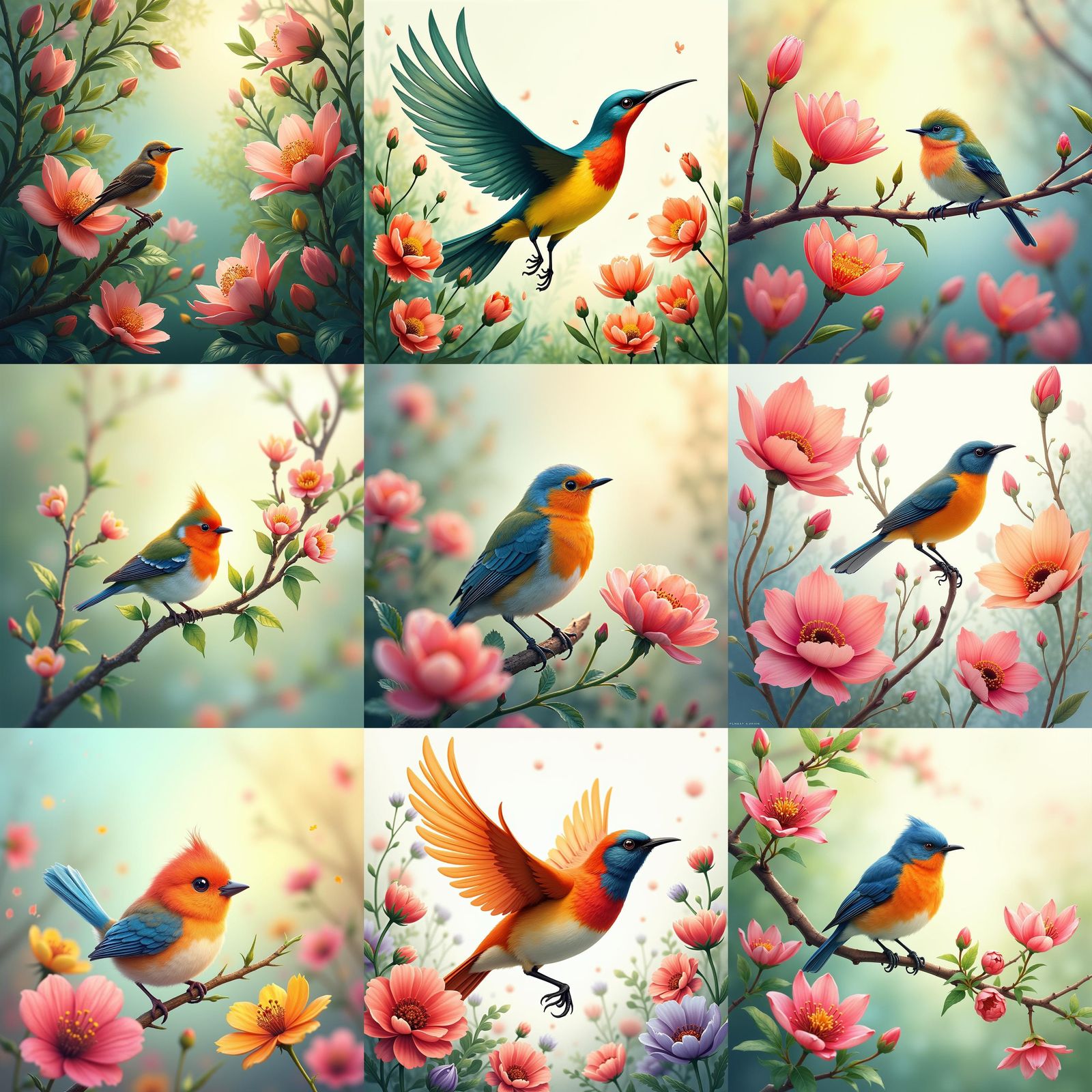 Spring Bird and Flowers Watercolor Painting