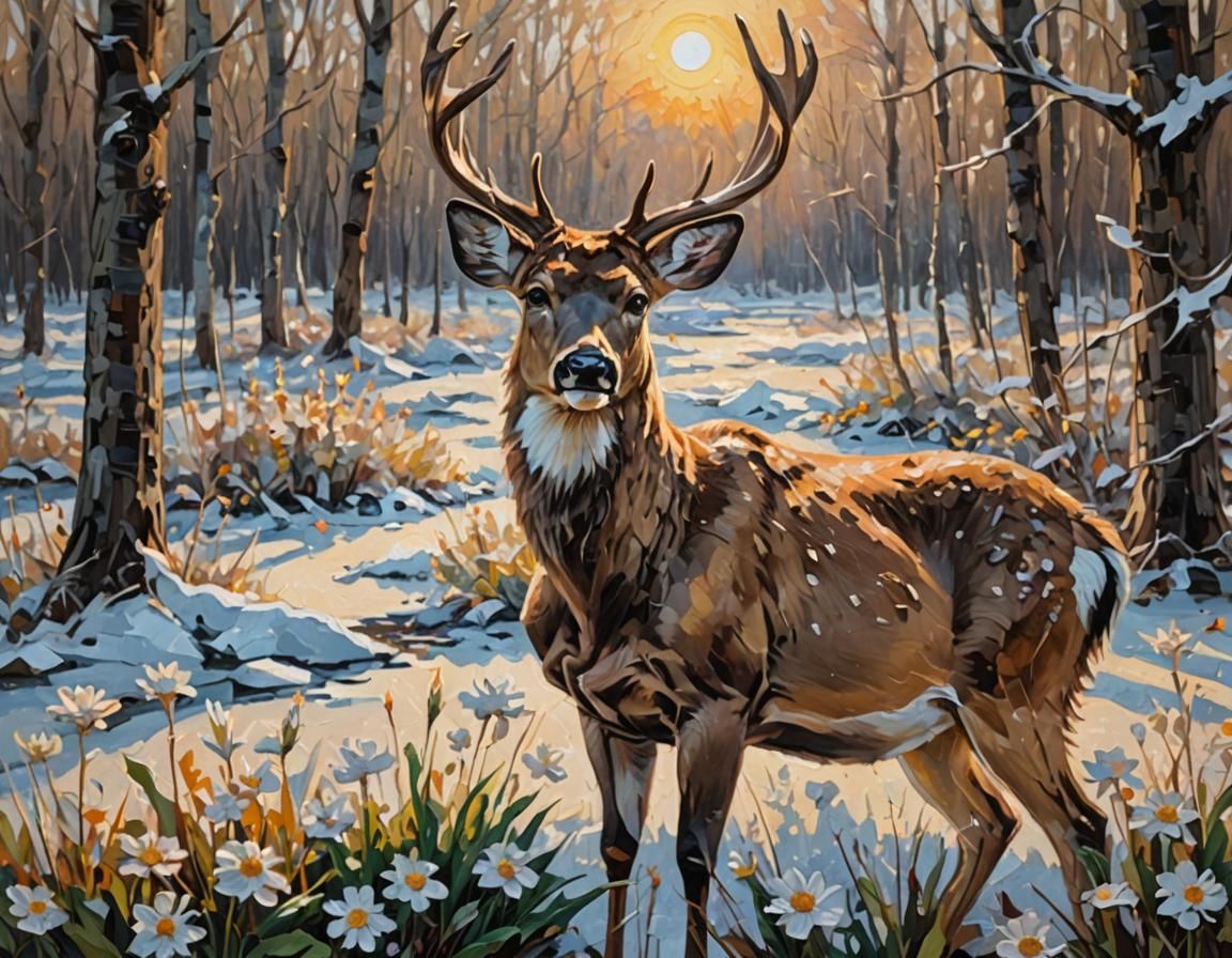 Deer Grazing on Frozen Flowers as Impasto Painting