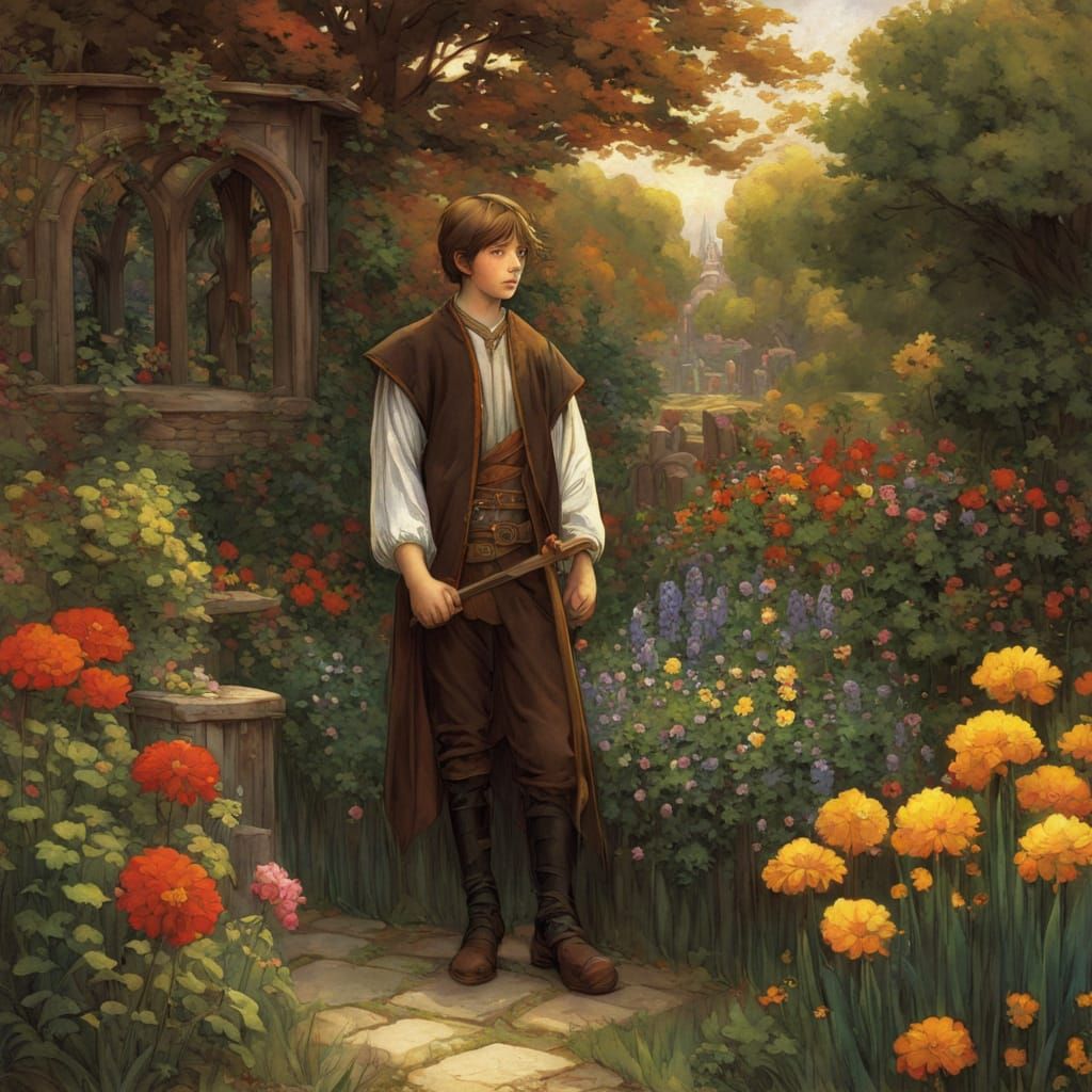 Medieval Fantasy Garden with Brown-Haired Boy