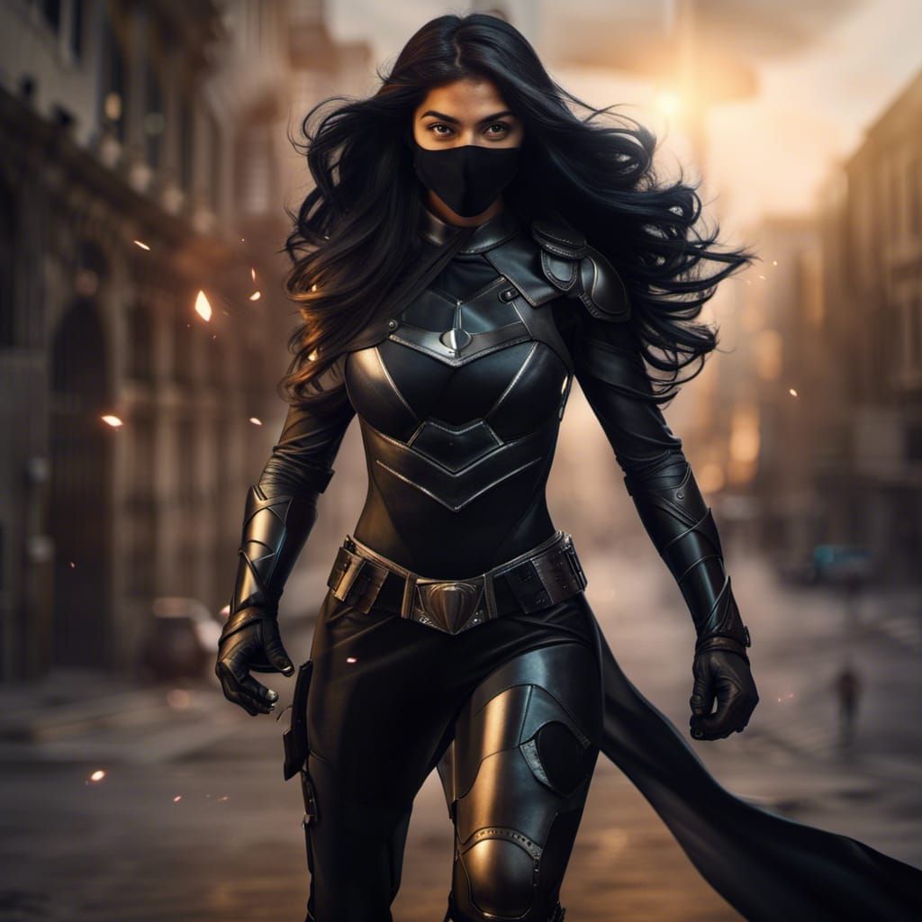 Indian Teenage Superheroine Brooding on Rooftop at Night