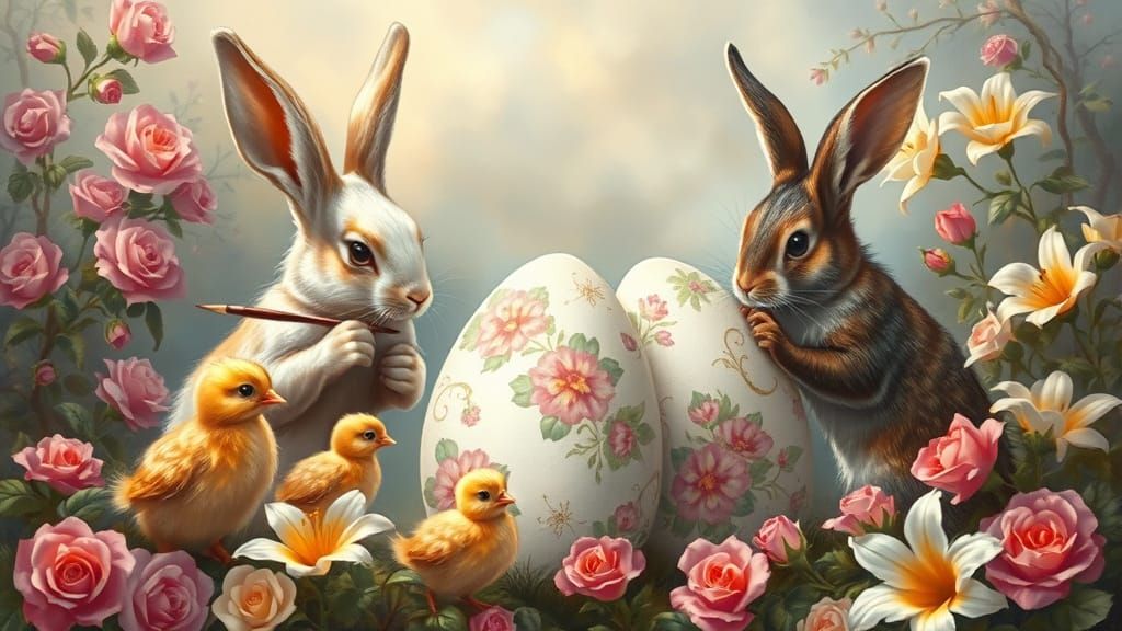 Rabbits and Chicks Painting Easter Eggs in Fantasy Style