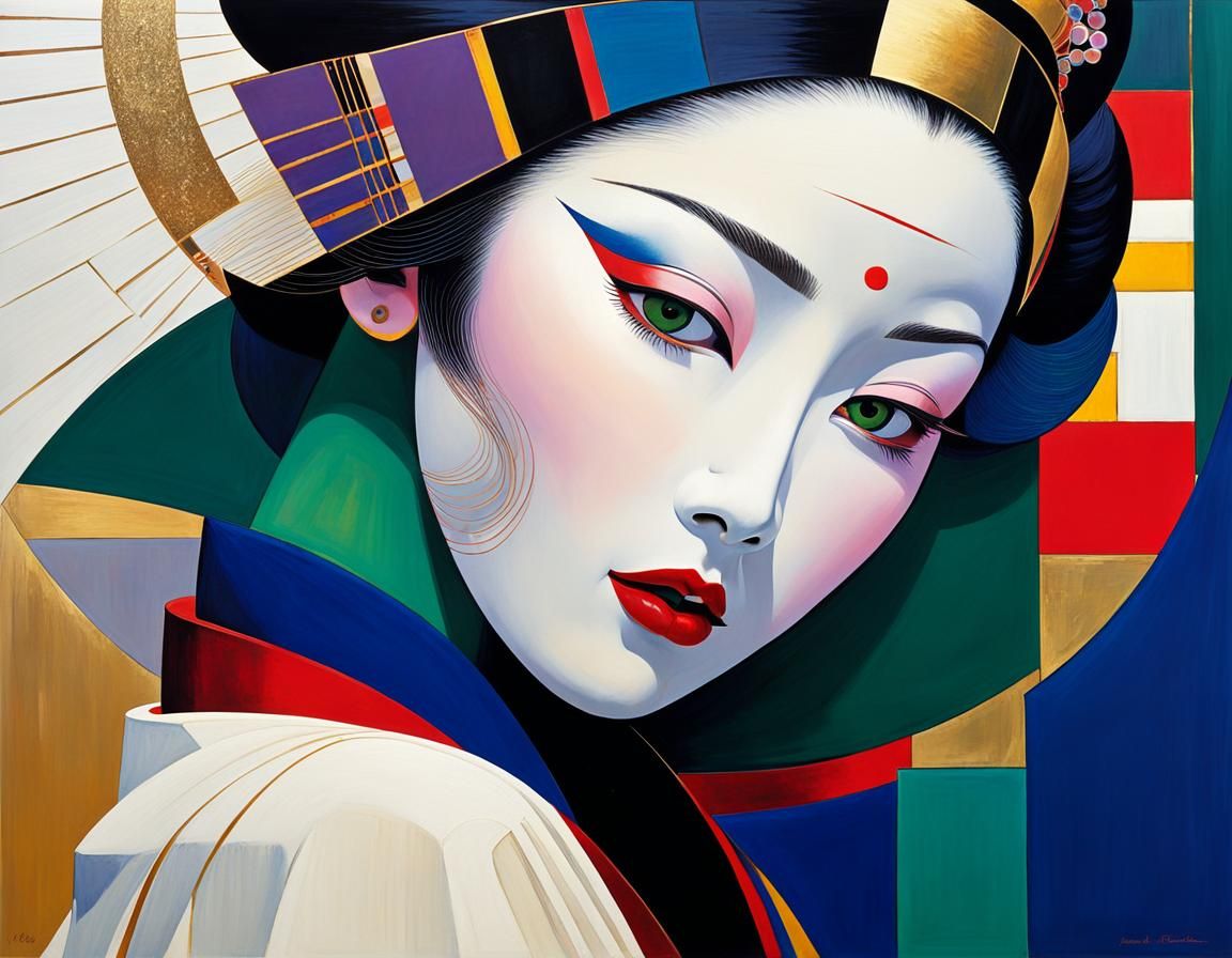 Beautiful geisha in a geometric construction