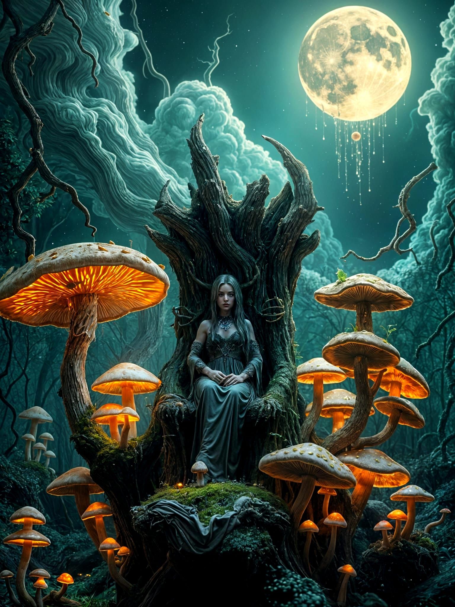 Ethereal Mushroom Throne in Bioluminescent Fungal Grove