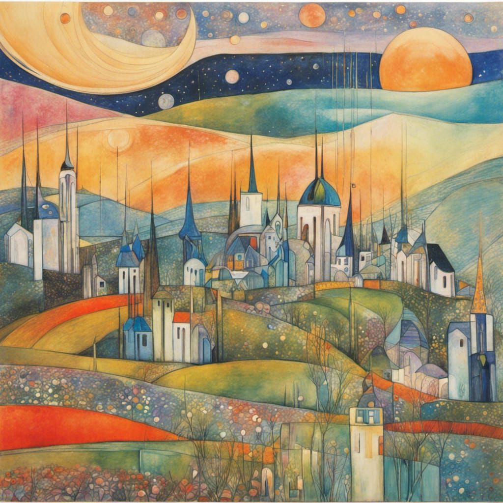 Abstract Fantasy Village in Art Nouveau Style