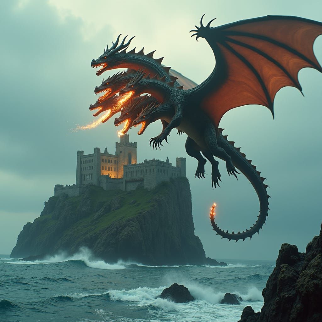 Epic Eight-Headed Dragon Flying Above Ocean Castle