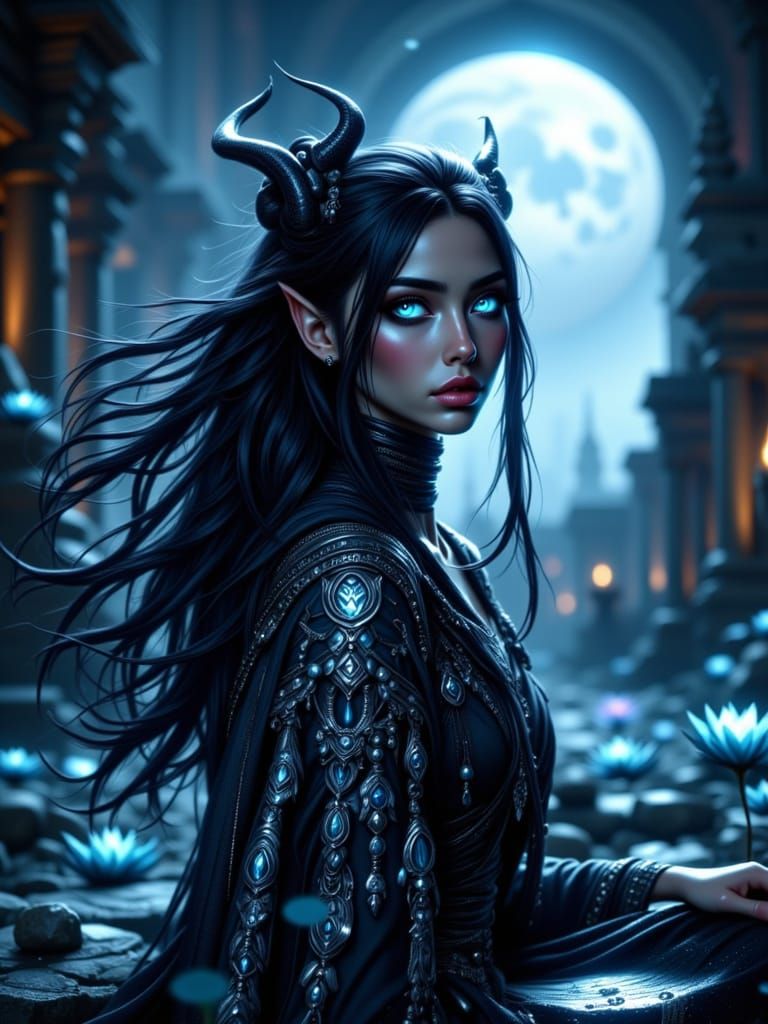 Dark Elf Priestess in Moonlit Ruined Temple, Painterly Reali...