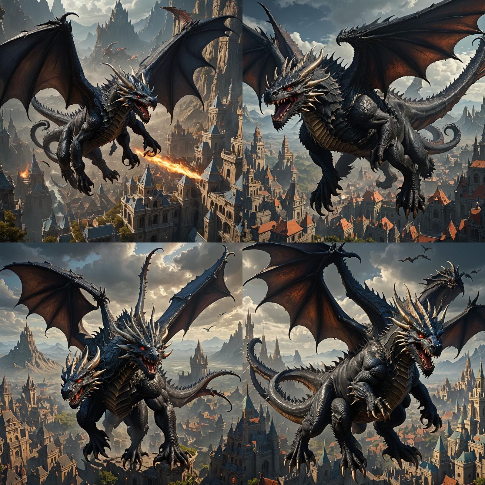 Majestic Dark Dragon in Flight: Hyperdetailed Fantasy Art