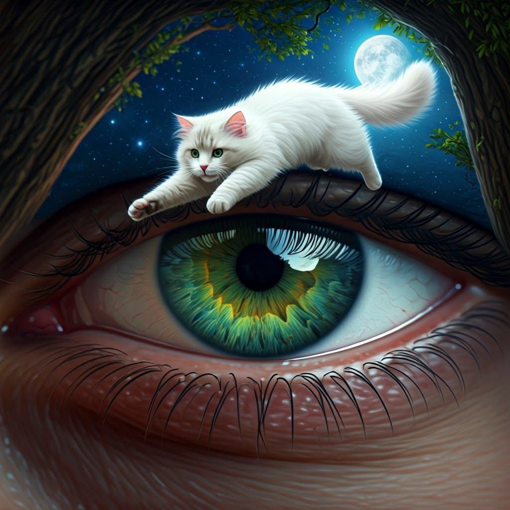 Moonlit Whimsy: Elegant Cat Dives from Tree