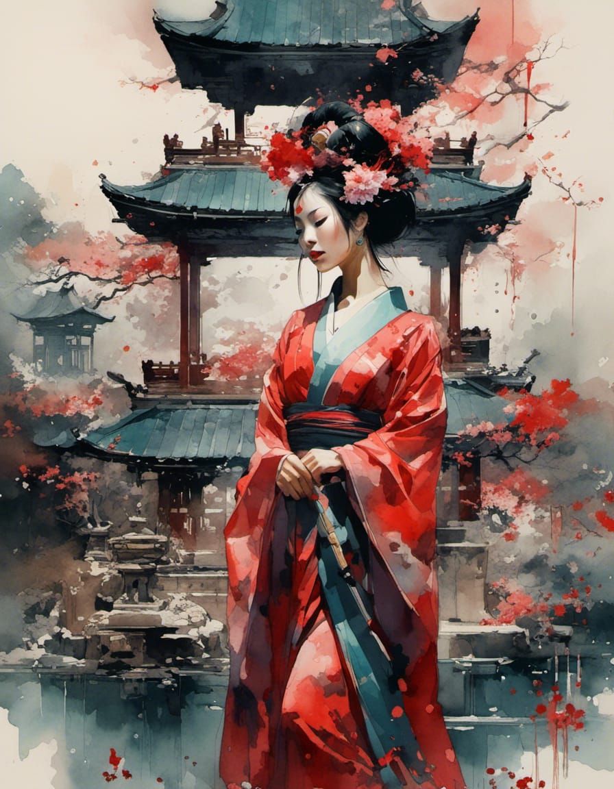 Beautiful female Geisha, temple, beautiful garden,