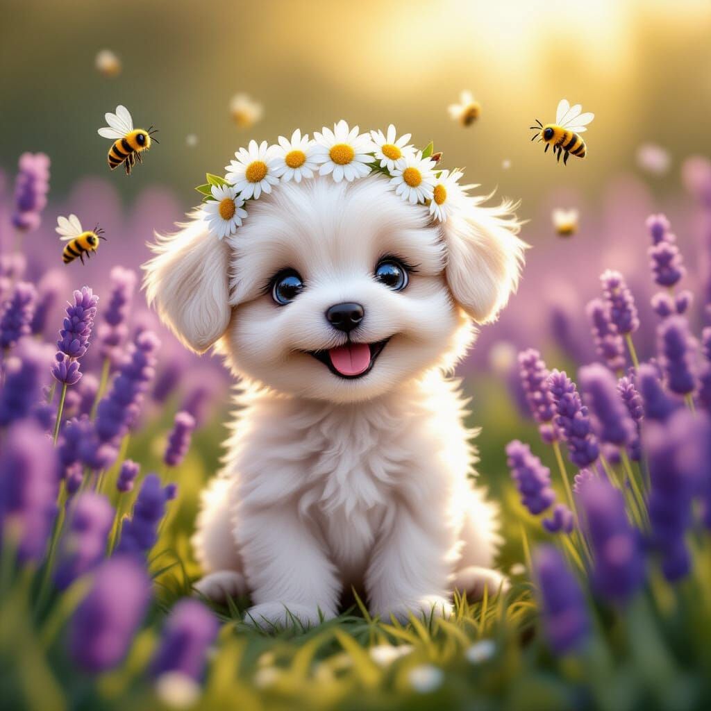 Fluffy Puppy with Daisy Crown in Lavender Field