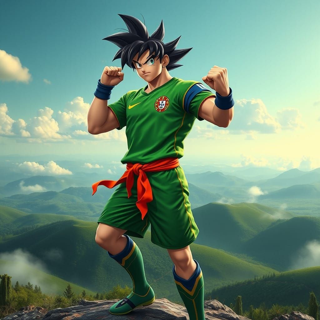 Son Goku in Portuguese Soccer Jersey - Heroic Superhero Pose