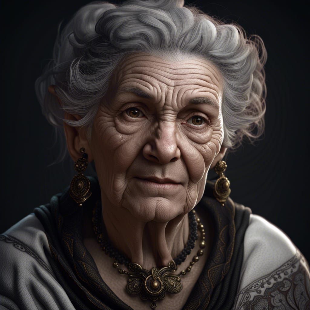 Realistic Black and White Portrait of an Old Woman