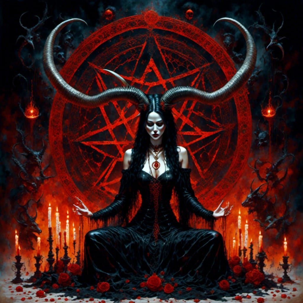 Demonic Witch at Altar in Oil Painting Style