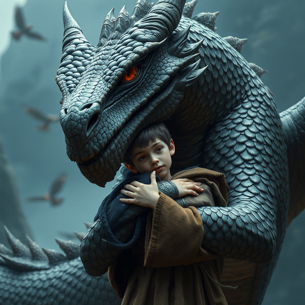 Dragon Hugs Boy: Soulful Digital Matte Painting
