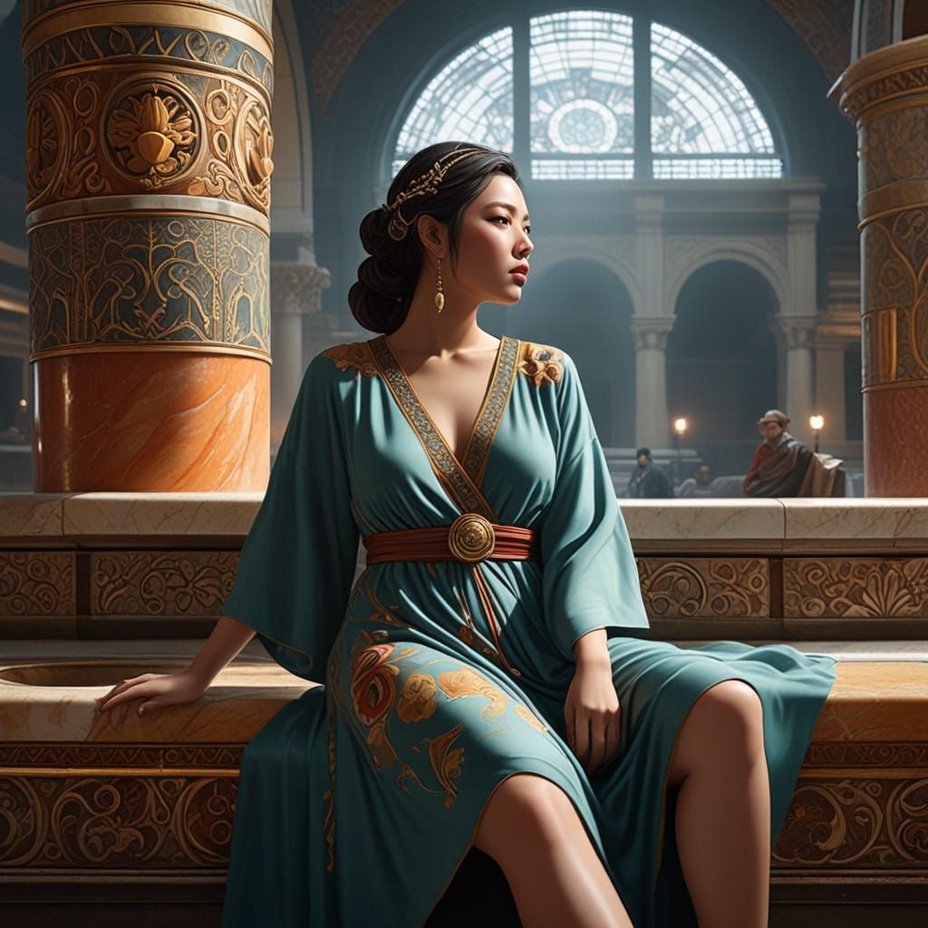Elegant Woman in Roman Baths, a Dreamlike Scene in Unreal En...