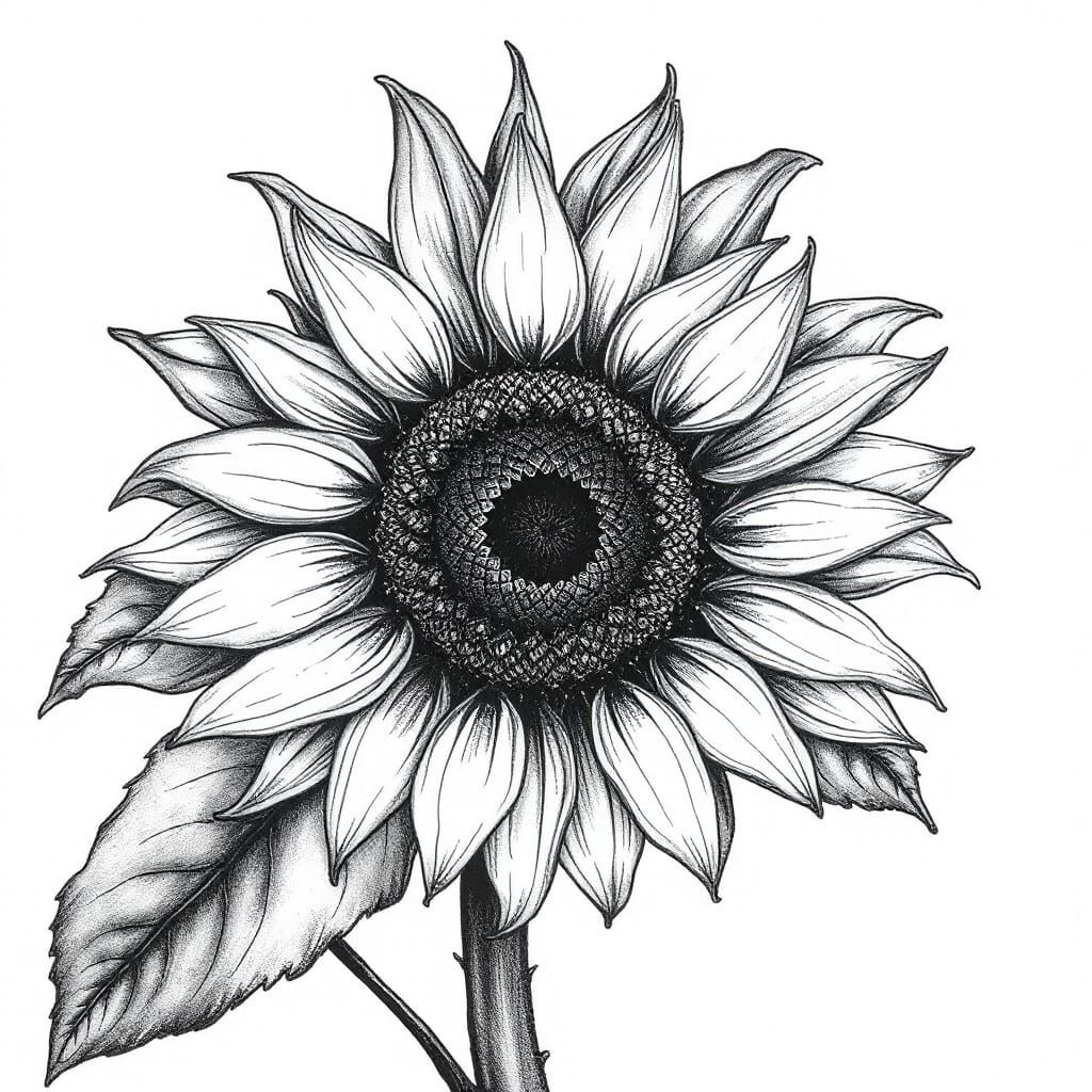 Sunflower in Art Nouveau Style Charcoal Drawing