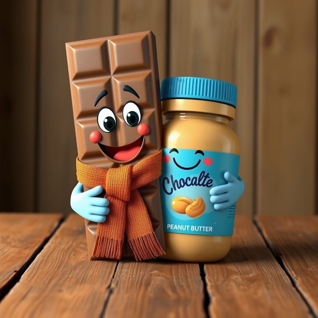 Smiling Chocolate & Peanut Butter Hug in 3D Animation Style