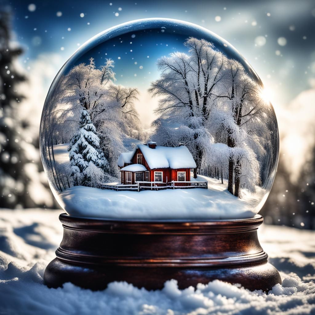 Winter Day in Snow Globe: Hyperrealistic 64MP Image