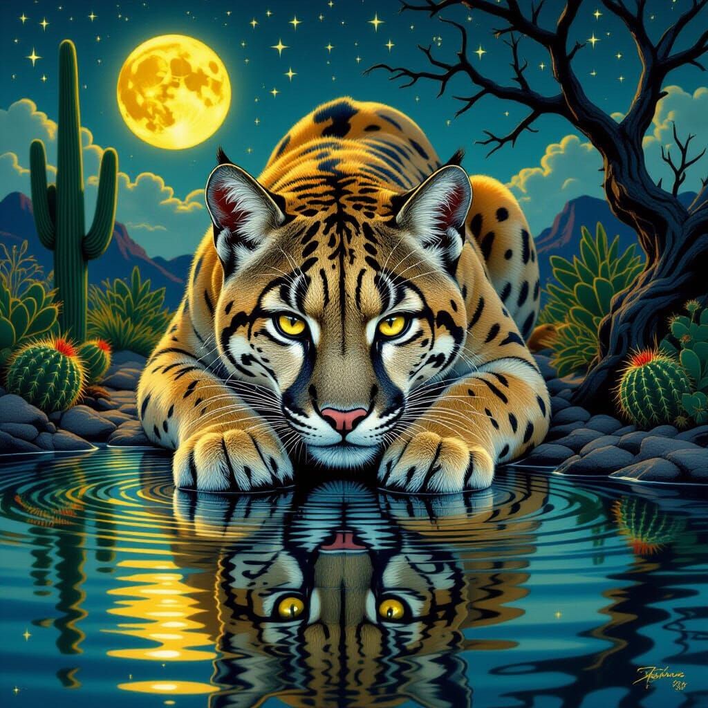 Cougar Gazing at Reflection Under Starry Sky