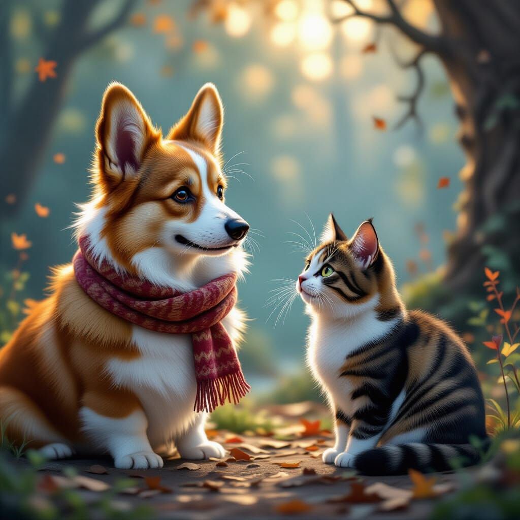 Corgi and Cat in Dreamlike Matte Painting
