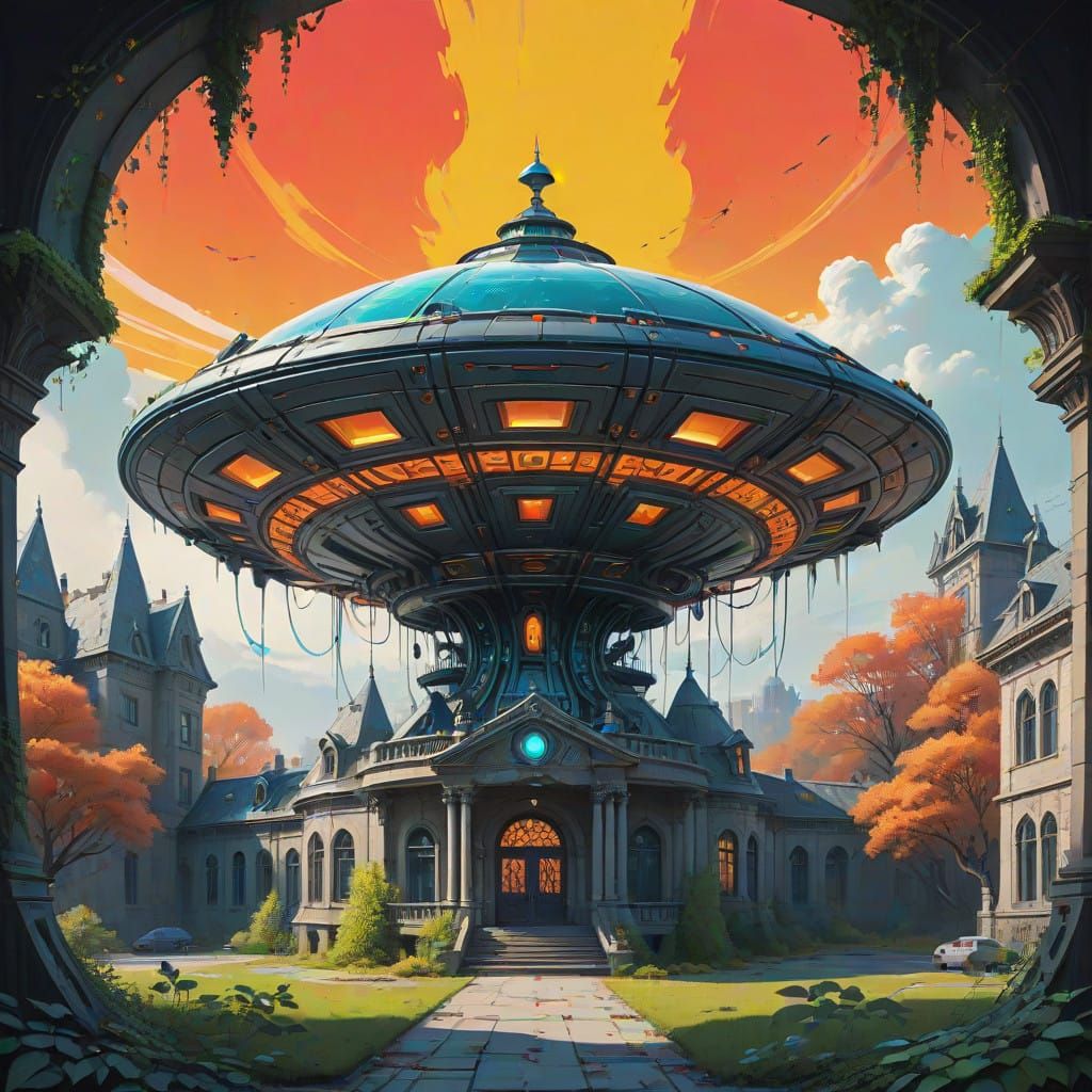 Cyberpunk Flying Saucer Descends Upon Gothic Mansion