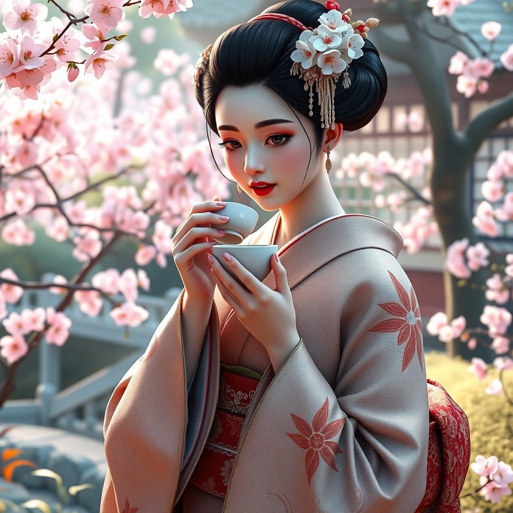 Geisha in Japanese Garden with Cherry Blossoms
