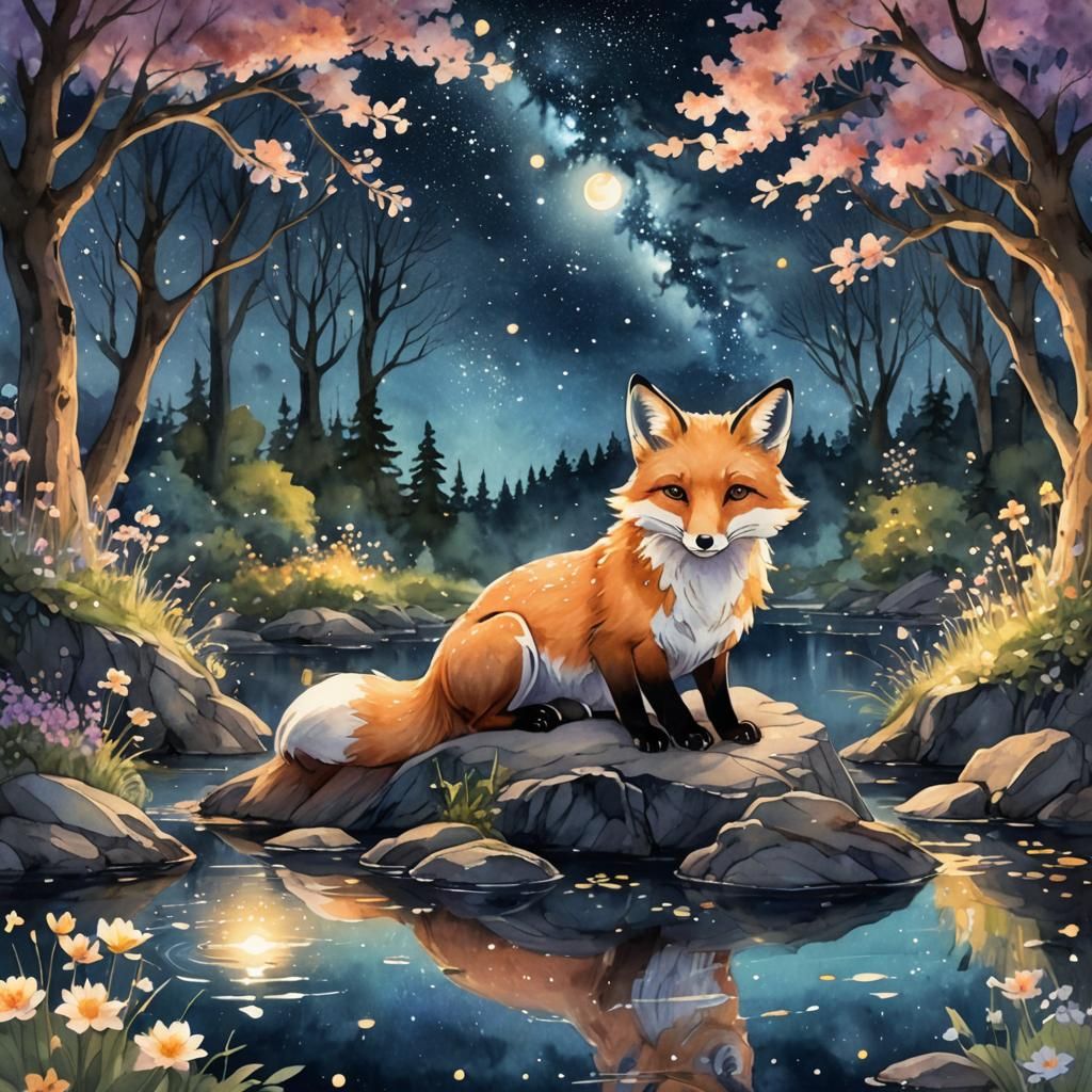 Magical Fox in Mystical Forest, Watercolor Anime Style