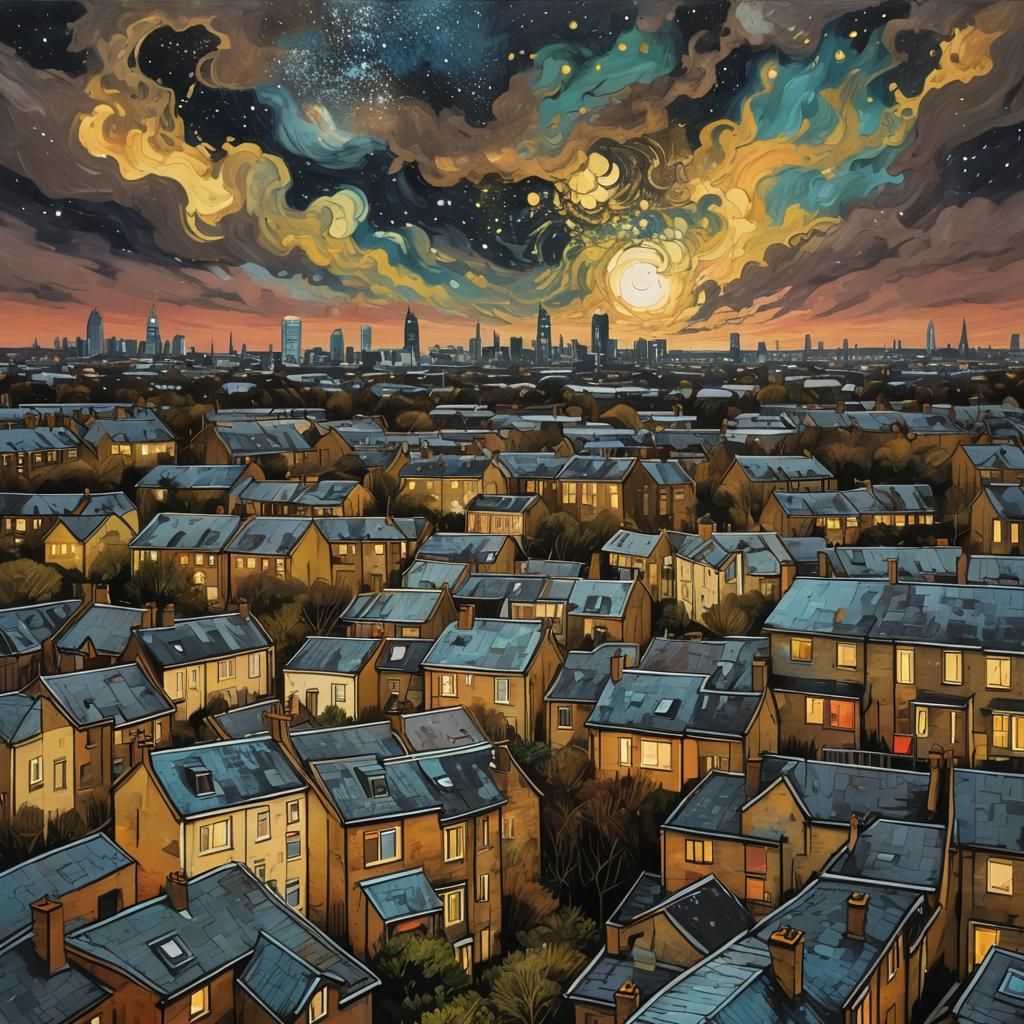 London Estate Under Brown Sky in Van Gogh Style